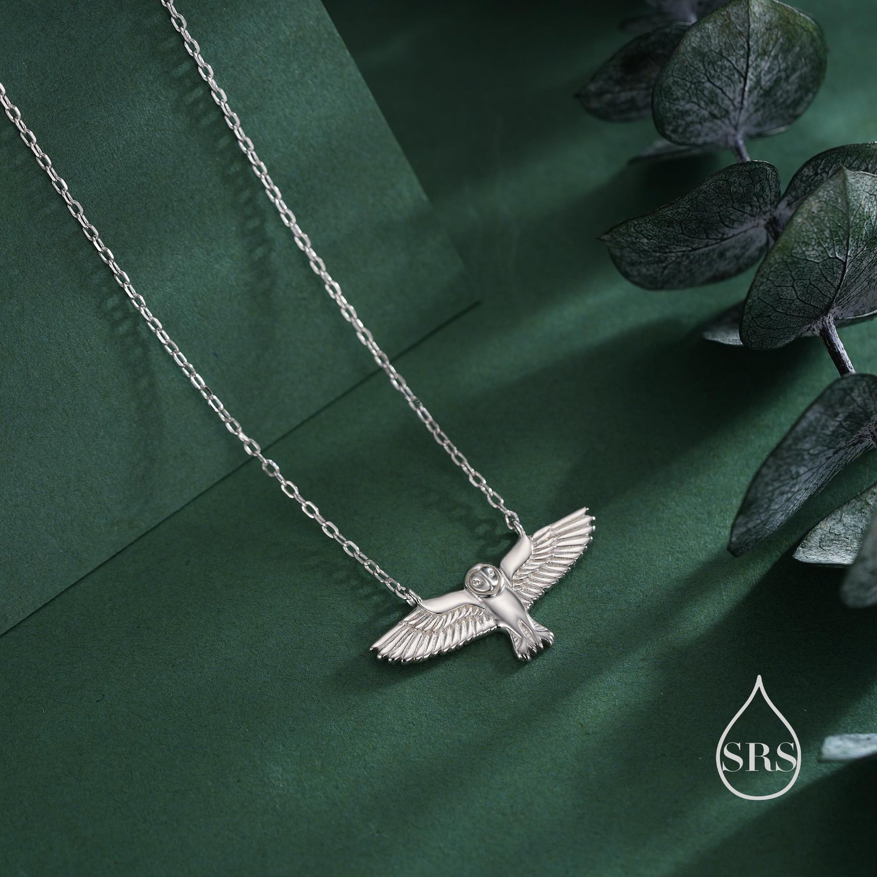Flying Barn Owl Pendant Necklace in Sterling Silver, Owl Necklace, Silver Barn Owl Necklace, Bird Necklace, Animal Necklace