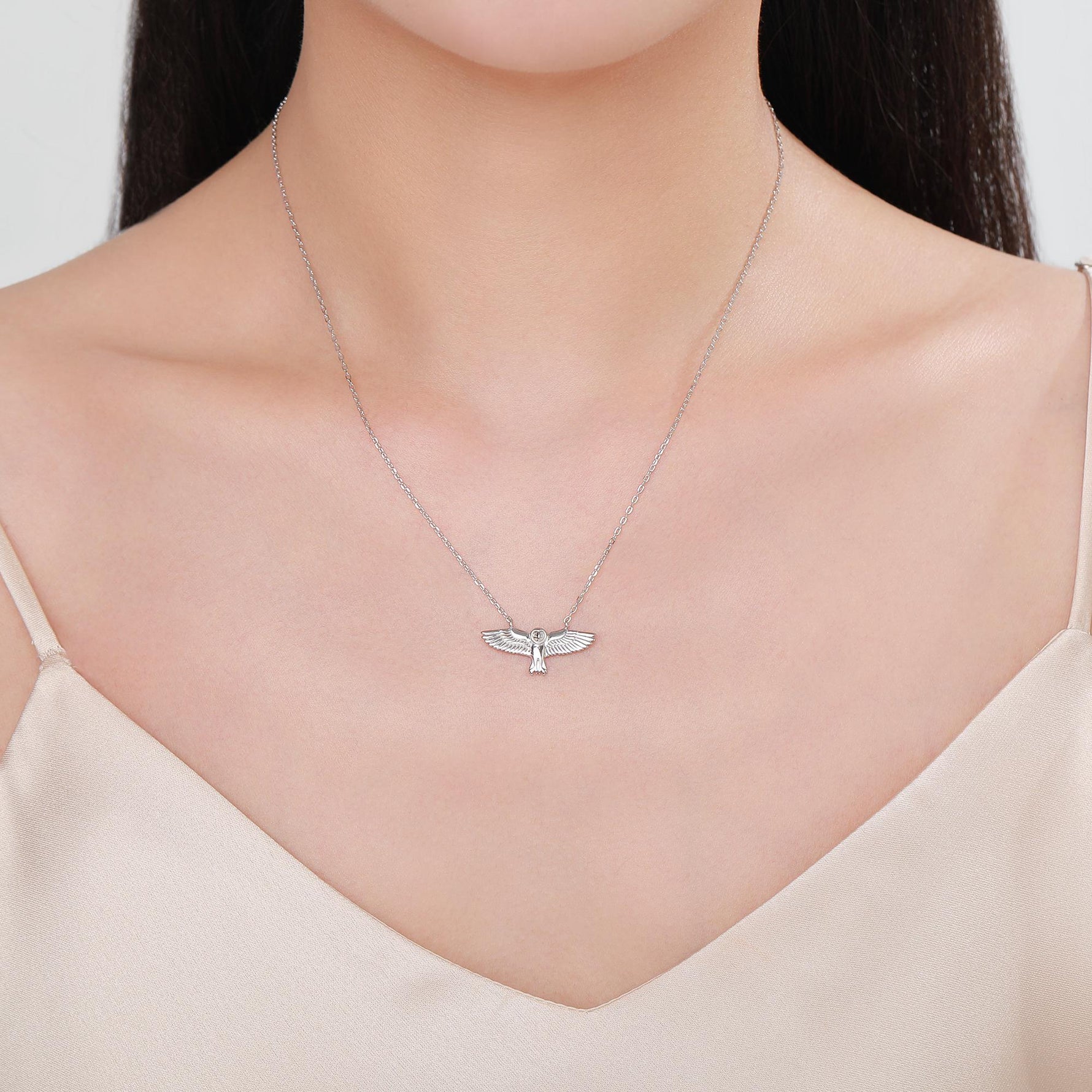 Flying Barn Owl Pendant Necklace in Sterling Silver, Owl Necklace, Silver Barn Owl Necklace, Bird Necklace, Animal Necklace