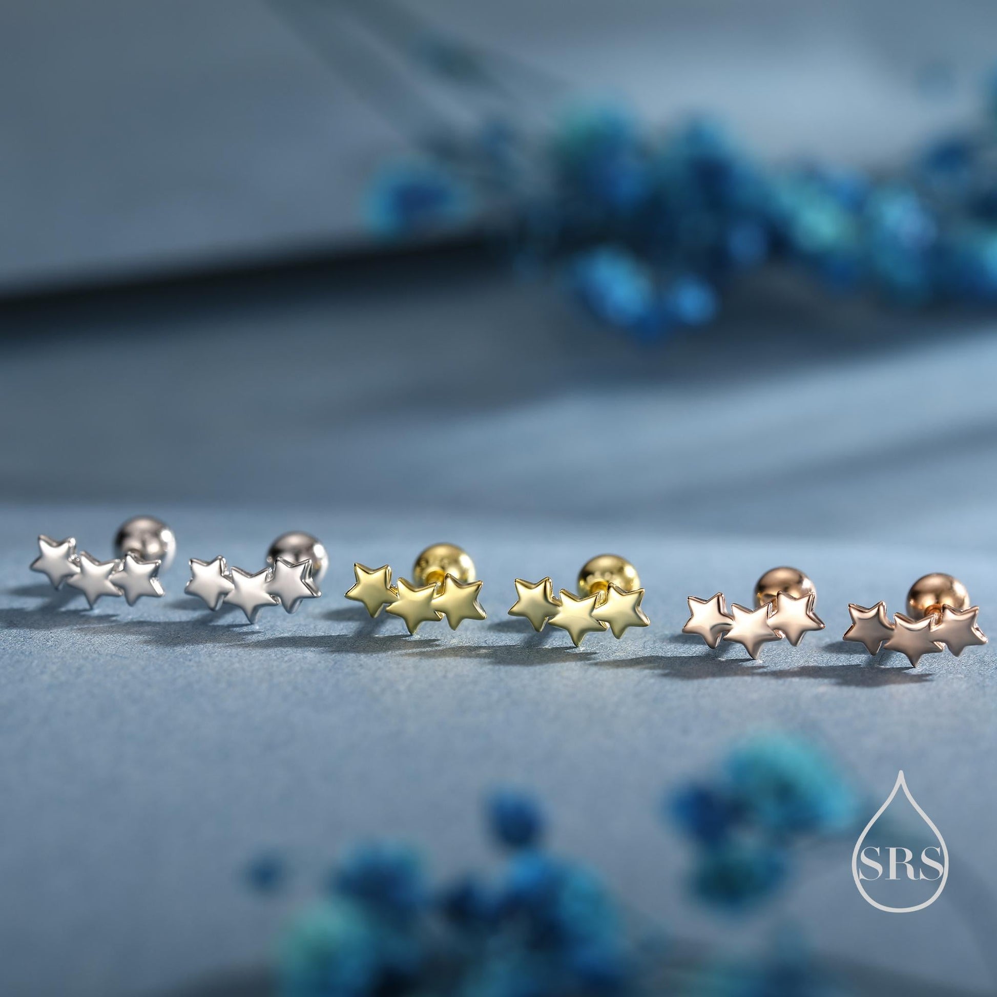 Star Trio Screw Back / Internally Threaded Flat Back / Stud Earrings in Sterling Silver, Silver or Gold or Rose Gold, Three Star Earrings