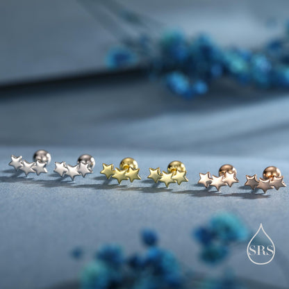 Star Trio Internally Threaded Flat Back / Screw Back / Stud Earrings in Sterling Silver, Silver or Gold or Rose Gold, Three Star Earrings