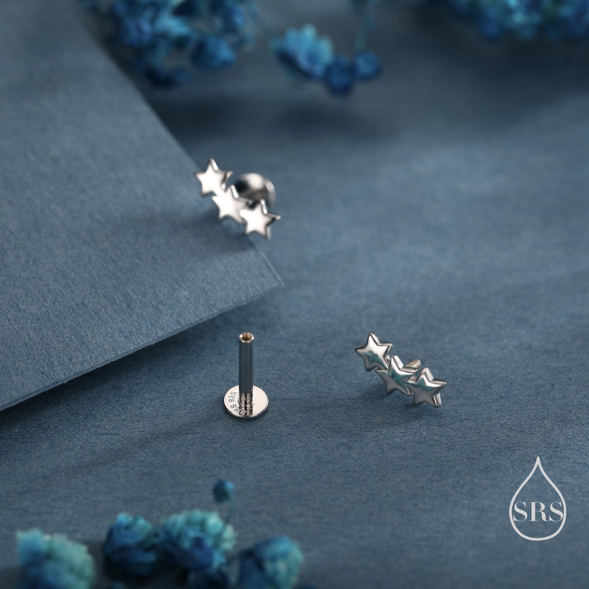 Star Trio Internally Threaded Flat Back / Screw Back / Stud Earrings in Sterling Silver, Silver or Gold or Rose Gold, Three Star Earrings