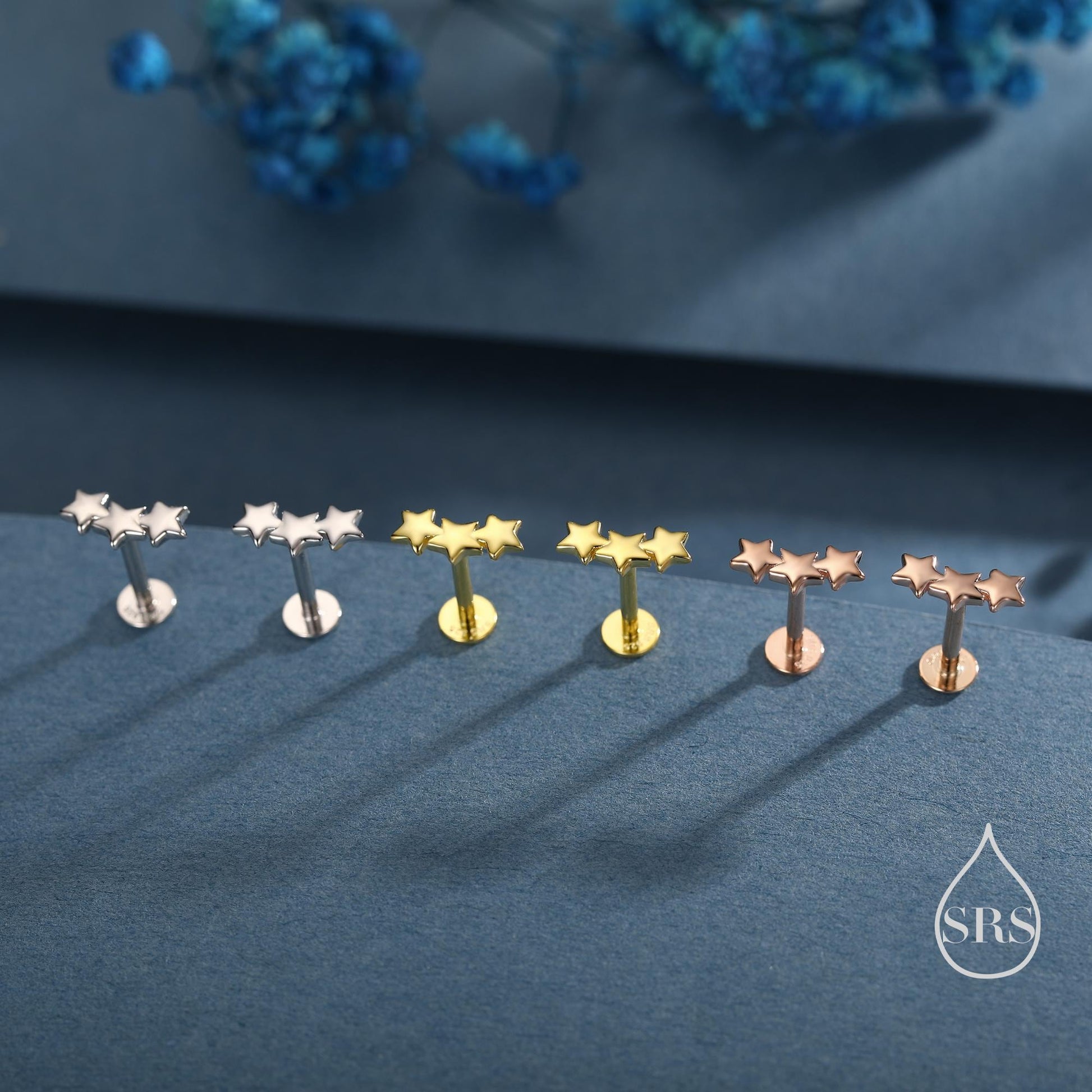 Star Trio Internally Threaded Flat Back / Screw Back / Stud Earrings in Sterling Silver, Silver or Gold or Rose Gold, Three Star Earrings