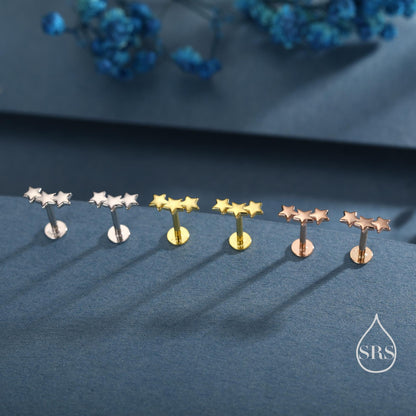 Star Trio Internally Threaded Flat Back / Screw Back / Stud Earrings in Sterling Silver, Silver or Gold or Rose Gold, Three Star Earrings
