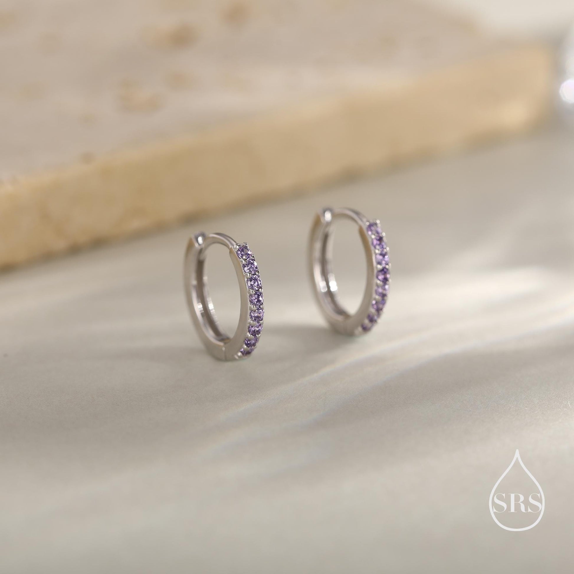 Amethyst Purple CZ Huggie Hoops in Sterling Silver, Silver or Gold, Minimalist Hoop Earrings, 6mm, 7mm and 8mm Hoops, Cartilage Hoops