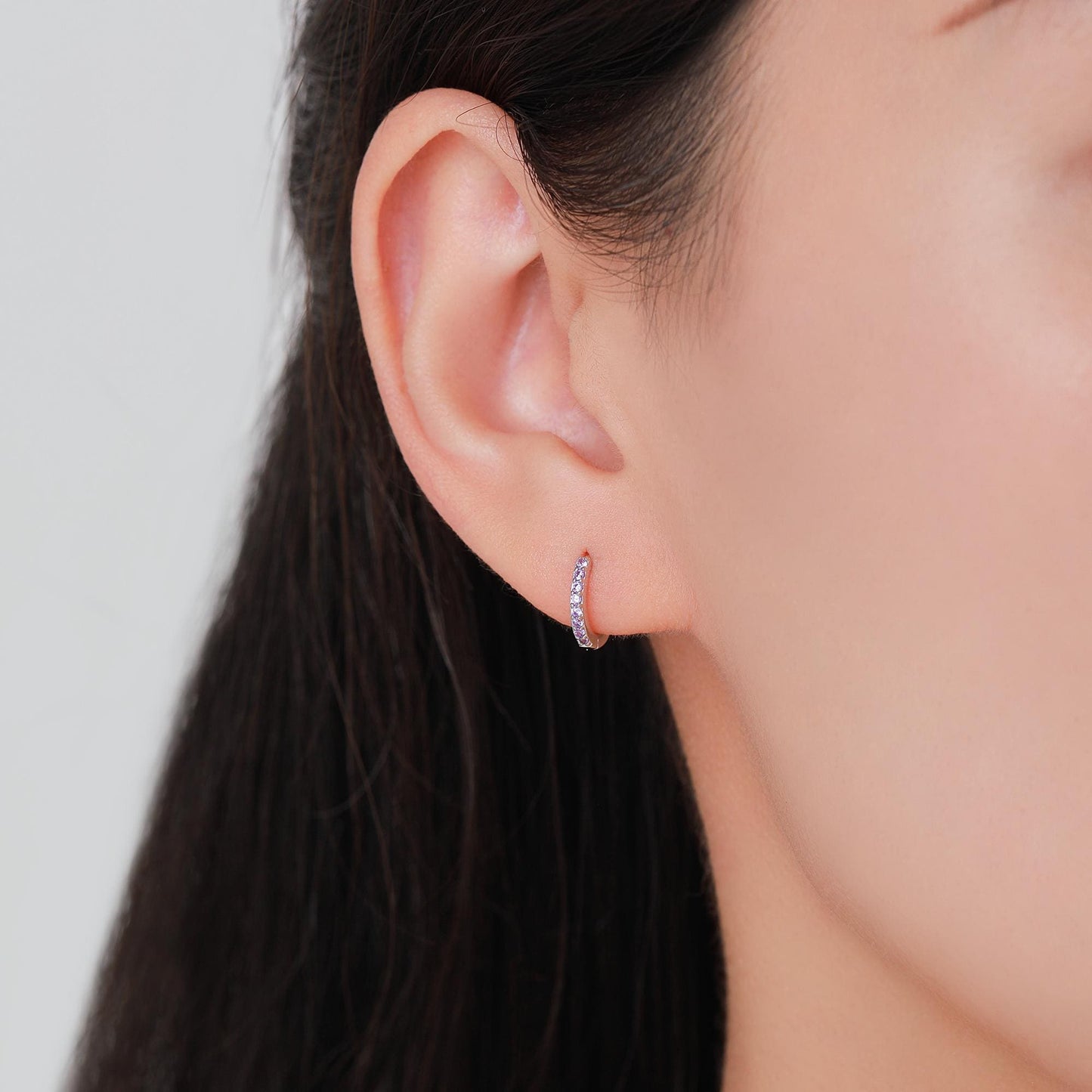 Amethyst Purple CZ Huggie Hoops in Sterling Silver, Silver or Gold, Minimalist Hoop Earrings, 6mm, 7mm and 8mm Hoops, Cartilage Hoops