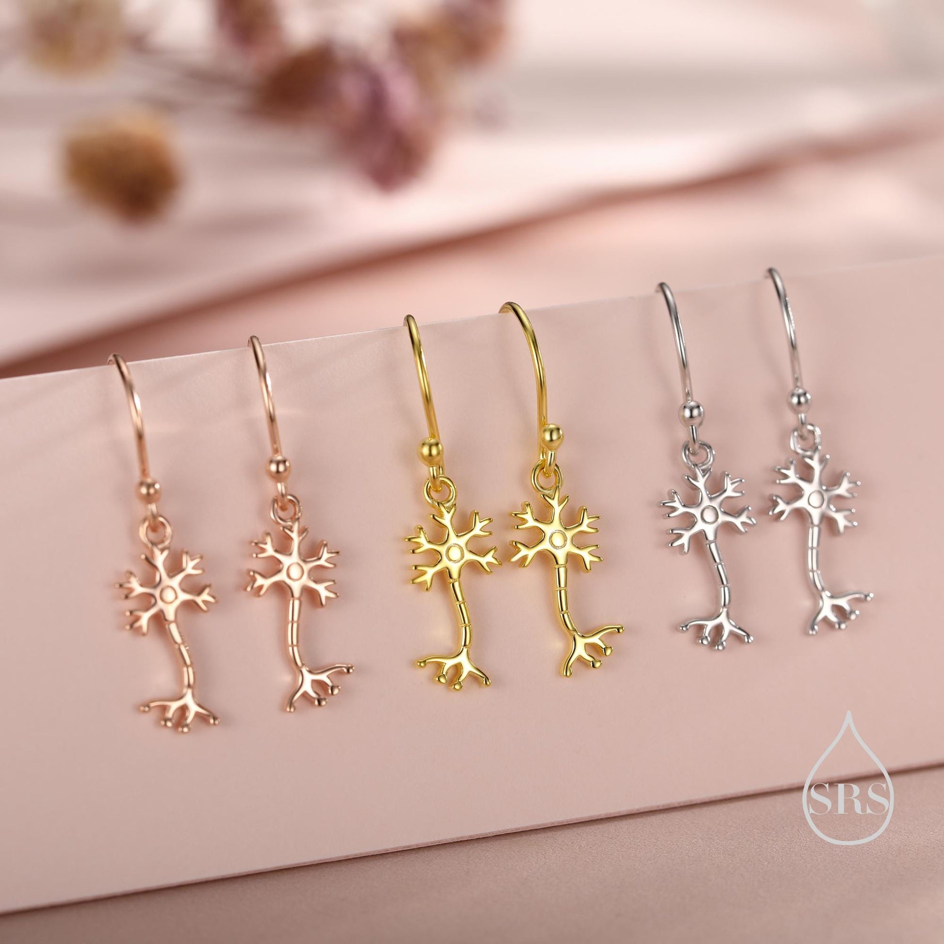 Tiny Neuron Cell Drop Hook Earrings in Sterling Silver, Silver or Gold, Neurone Cell Earrings, Nerve Cells Earrings, Brain Earrings