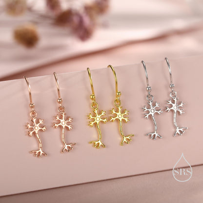 Tiny Neuron Cell Drop Hook Earrings in Sterling Silver, Silver or Gold, Neurone Cell Earrings, Nerve Cells Earrings, Brain Earrings