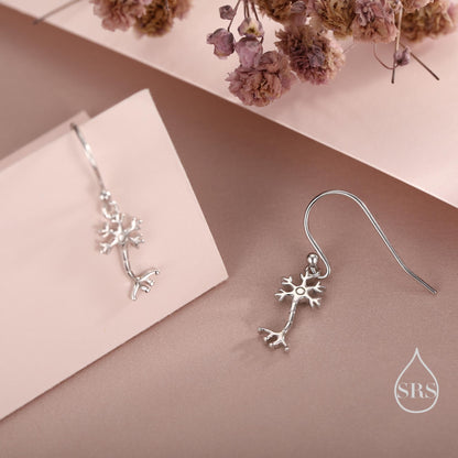 Tiny Neuron Cell Drop Hook Earrings in Sterling Silver, Silver or Gold, Neurone Cell Earrings, Nerve Cells Earrings, Brain Earrings