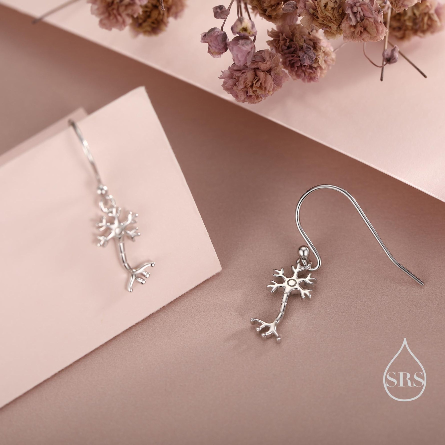 Tiny Neuron Cell Drop Hook Earrings in Sterling Silver, Silver or Gold, Neurone Cell Earrings, Nerve Cells Earrings, Brain Earrings