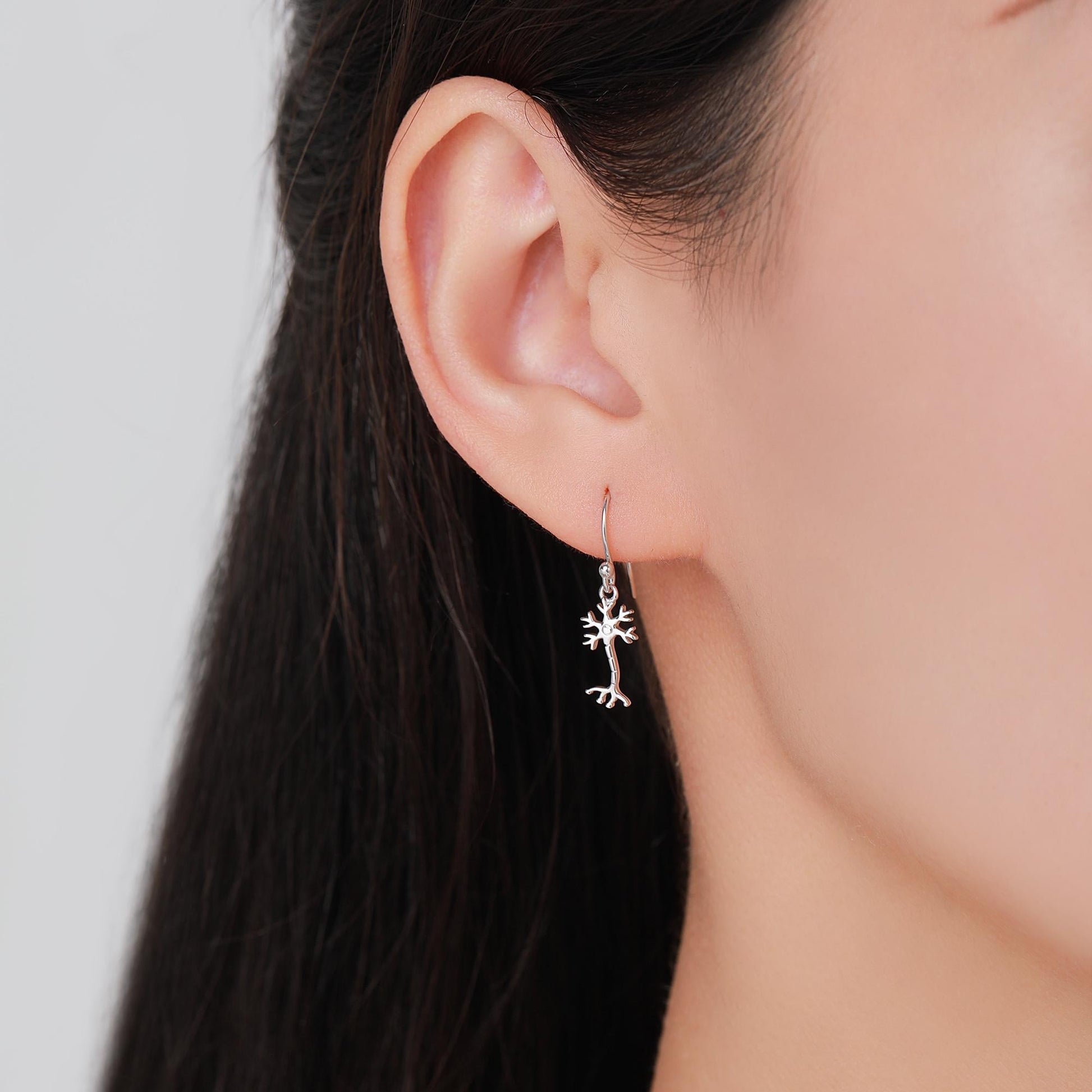 Tiny Neuron Cell Drop Hook Earrings in Sterling Silver, Silver or Gold, Neurone Cell Earrings, Nerve Cells Earrings, Brain Earrings