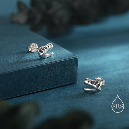 Oxidised Finish Dinosaur Fossil Stud Earrings in Sterling Silver, T Rex or Triceratops Skull, Quirky Dino Stud, Asymmetric Dinosaur Earrings