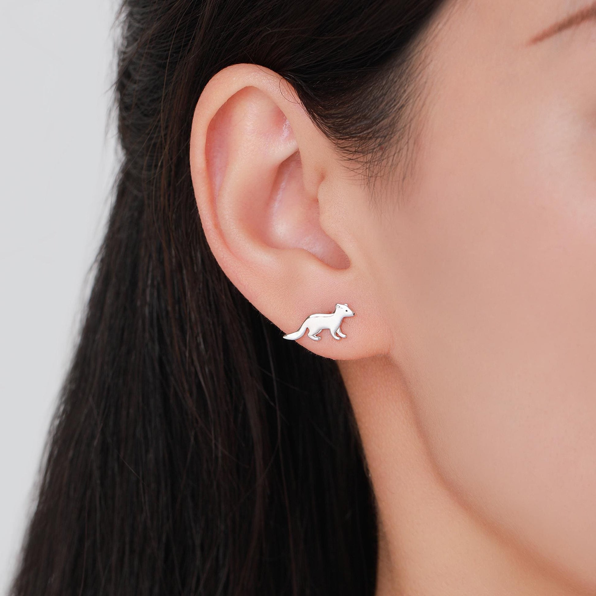Sterling Silver Very Cute Weasel Stud Earrings, Available in Silver, Gold or Rose Gold Finish, Fun and Quirky, Nature Inspired