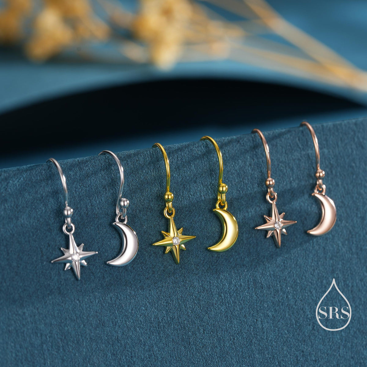 Extra Tiny Starburst and Moon Dangle Drop Hook Earrings in Sterling Silver, Silver, Gold or Rose Gold, Tiny Star Dangle Earrings