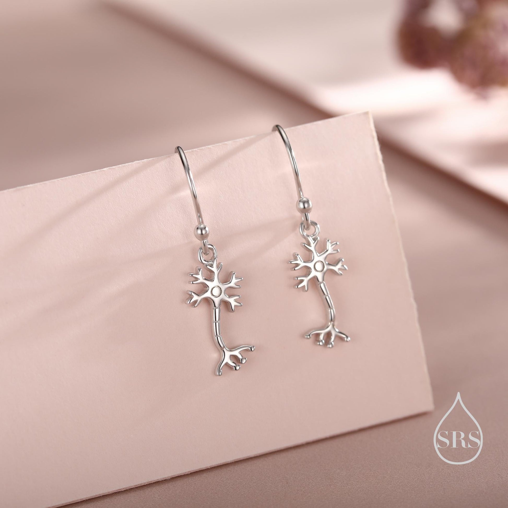 Tiny Neuron Cell Drop Hook Earrings in Sterling Silver, Silver or Gold, Neurone Cell Earrings, Nerve Cells Earrings, Brain Earrings