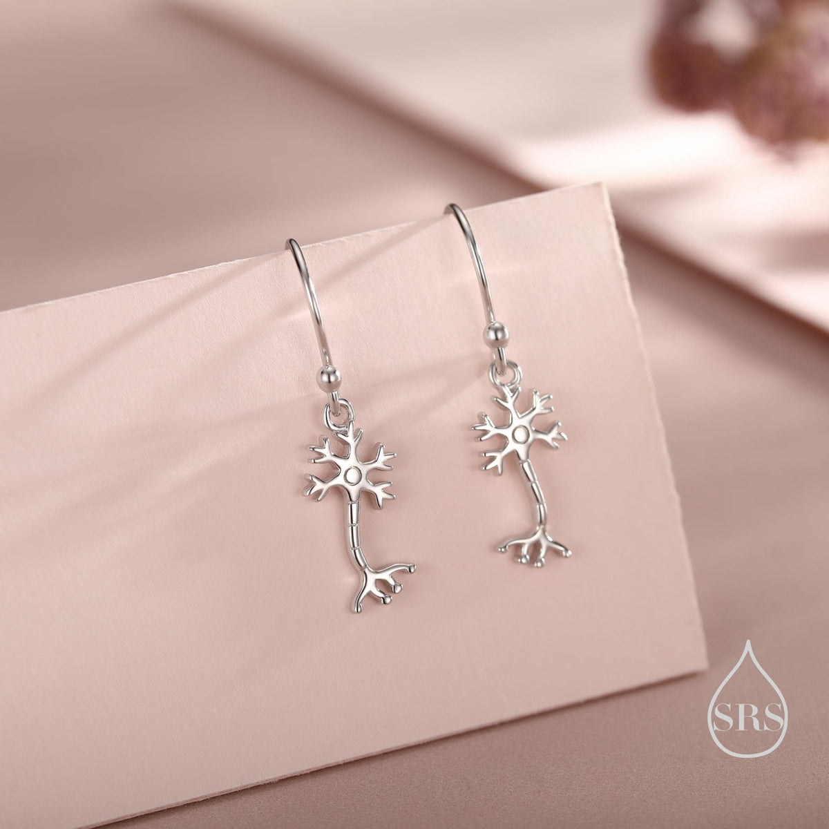 Tiny Neuron Cell Drop Hook Earrings in Sterling Silver, Silver or Gold, Neurone Cell Earrings, Nerve Cells Earrings, Brain Earrings