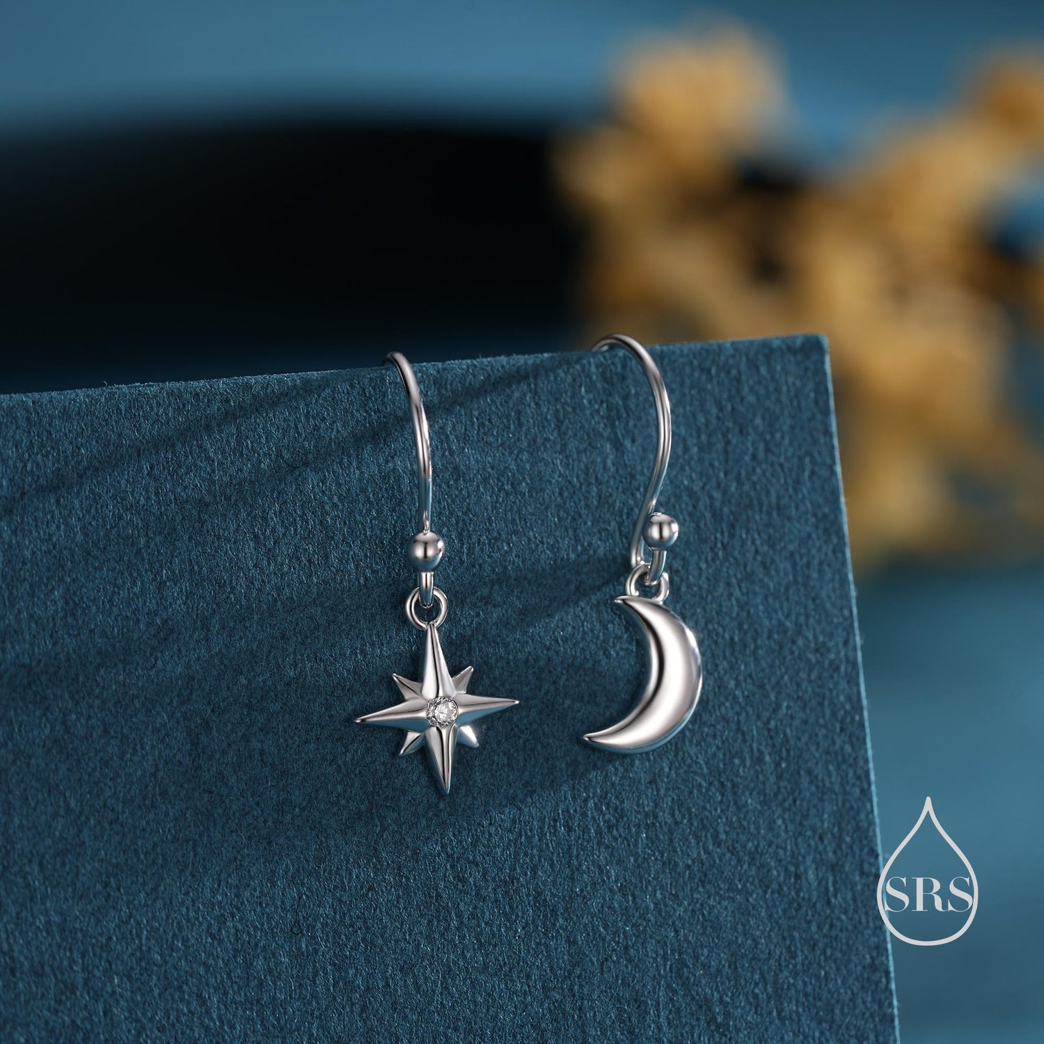 Extra Tiny Starburst and Moon Dangle Drop Hook Earrings in Sterling Silver, Silver, Gold or Rose Gold, Tiny Star Dangle Earrings
