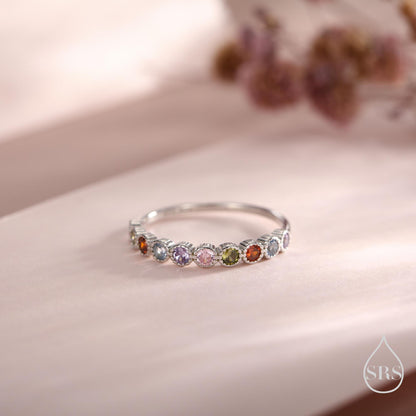 Multicolour CZ Infinity Ring in Sterling Silver, Silver or Gold, Dotted Bezel CZ Ring, Simulated Tourmaline US 5 - 8