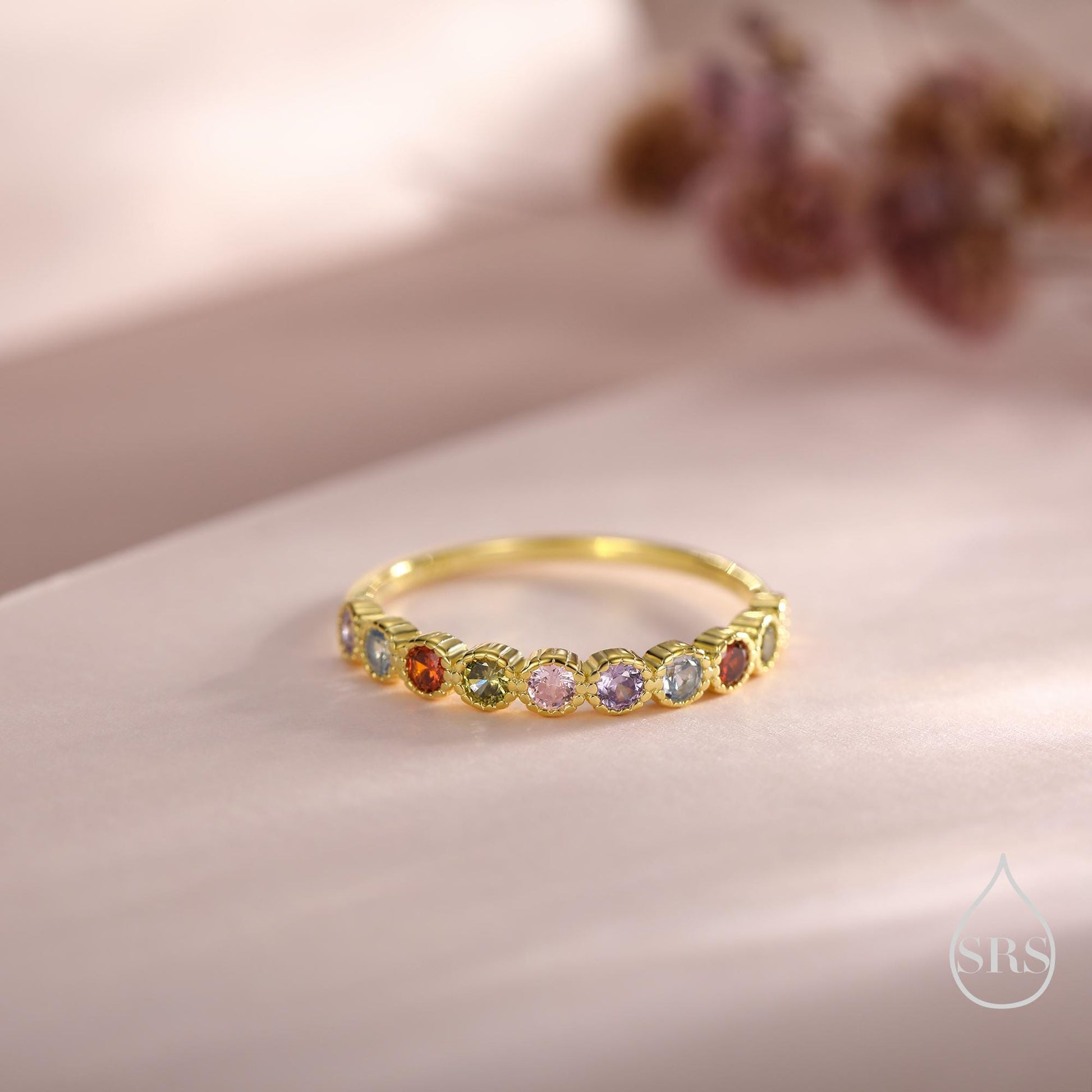 Multicolour CZ Infinity Ring in Sterling Silver, Silver or Gold, Dotted Bezel CZ Ring, Simulated Tourmaline US 5 - 8