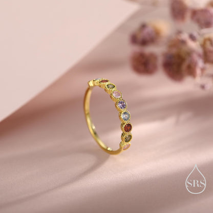 Multicolour CZ Infinity Ring in Sterling Silver, Silver or Gold, Dotted Bezel CZ Ring, Simulated Tourmaline US 5 - 8