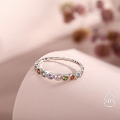 Multicolour CZ Infinity Ring in Sterling Silver, Silver or Gold, Dotted Bezel CZ Ring, Simulated Tourmaline US 5 - 8
