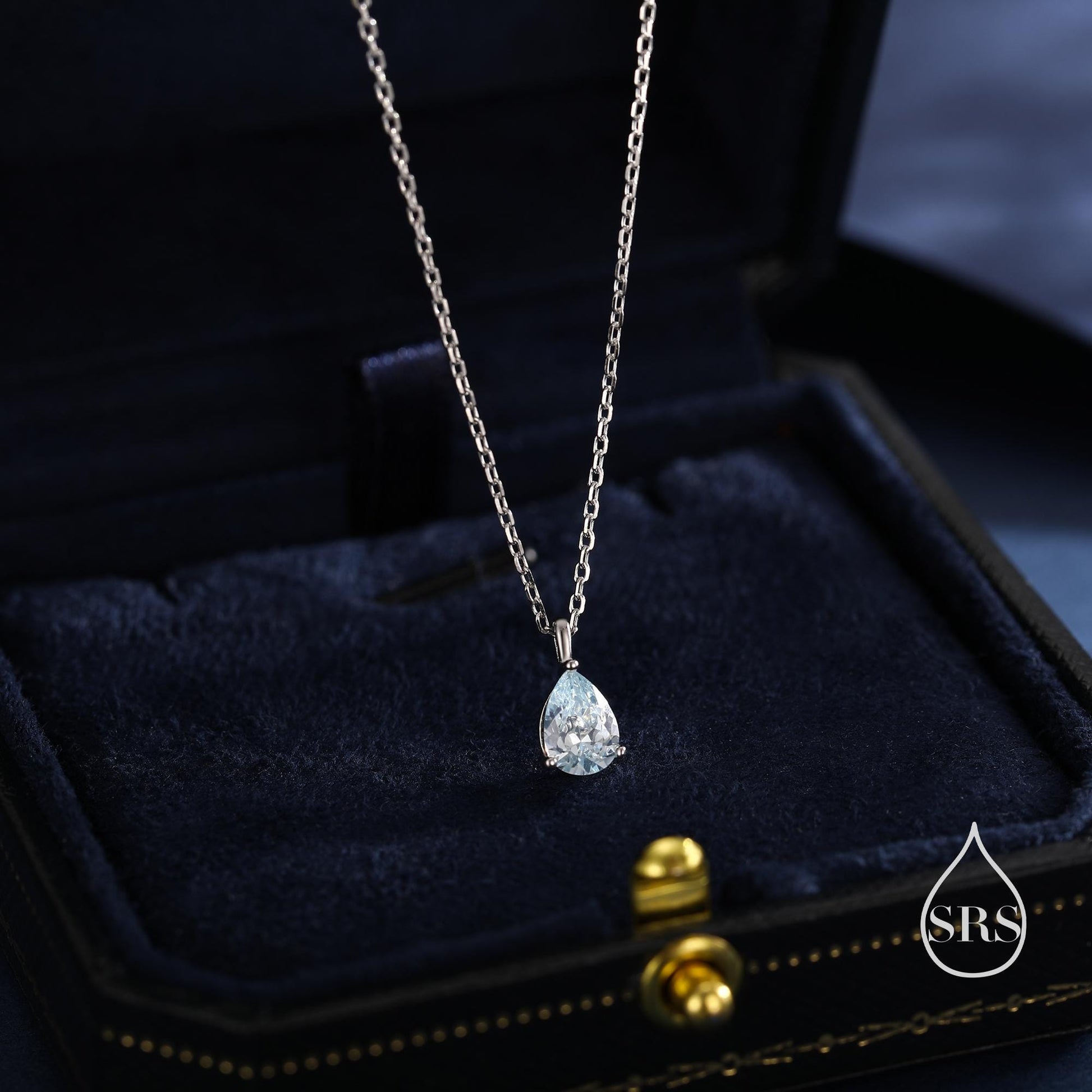 Aquamarine Blue Pear Cut CZ Pendant Necklace in Sterling Silver, 7 x 9mm, Sky Blue Crystal Droplet necklace, Diamond CZ