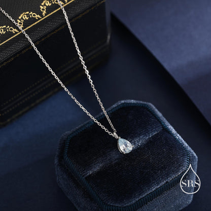 Aquamarine Blue Pear Cut CZ Pendant Necklace in Sterling Silver, 7 x 9mm, Sky Blue Crystal Droplet necklace, Diamond CZ