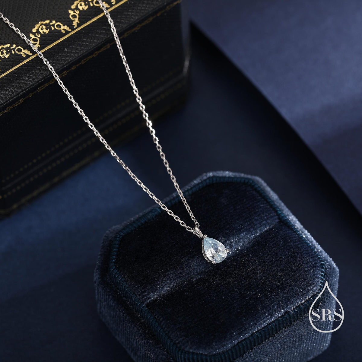 Aquamarine Blue Pear Cut CZ Pendant Necklace in Sterling Silver, 5 x 7mm, Sky Blue Crystal Droplet necklace, Diamond CZ