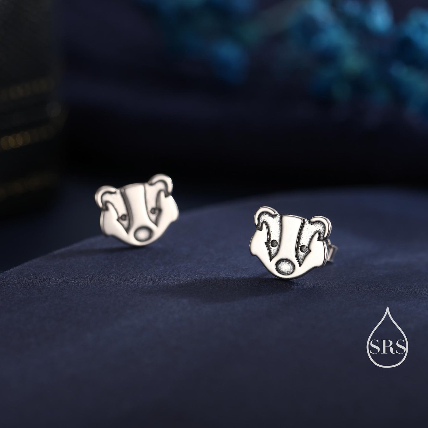 Badger Head Stud Earrings in Sterling Silver, Oxidised Sterling Silver Badger Earrings, Nature Inspired, Farm Earrings
