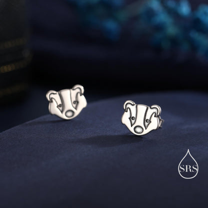 Badger Head Stud Earrings in Sterling Silver, Oxidised Sterling Silver Badger Earrings, Nature Inspired, Farm Earrings