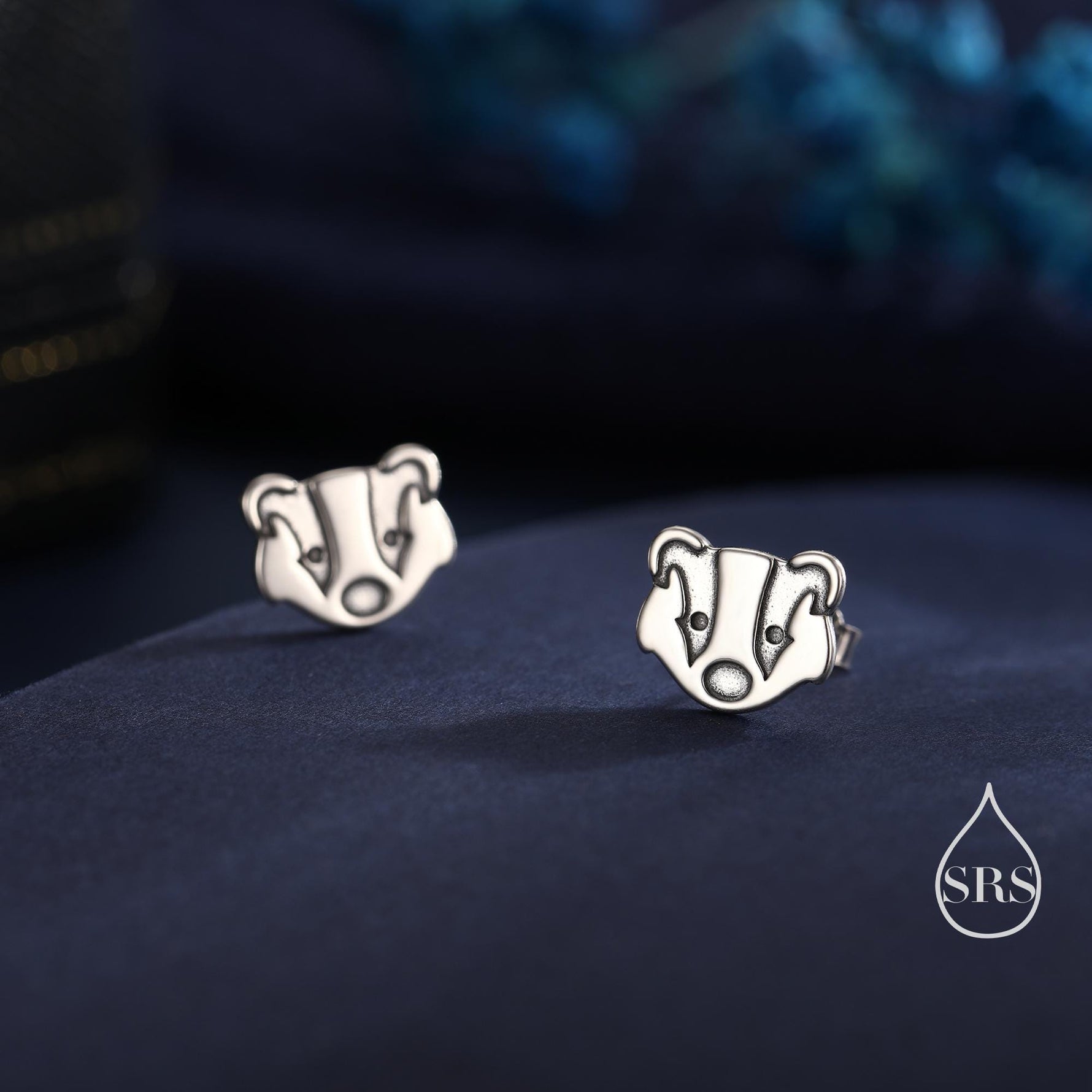 Badger Head Stud Earrings in Sterling Silver, Oxidised Sterling Silver Badger Earrings, Nature Inspired, Farm Earrings