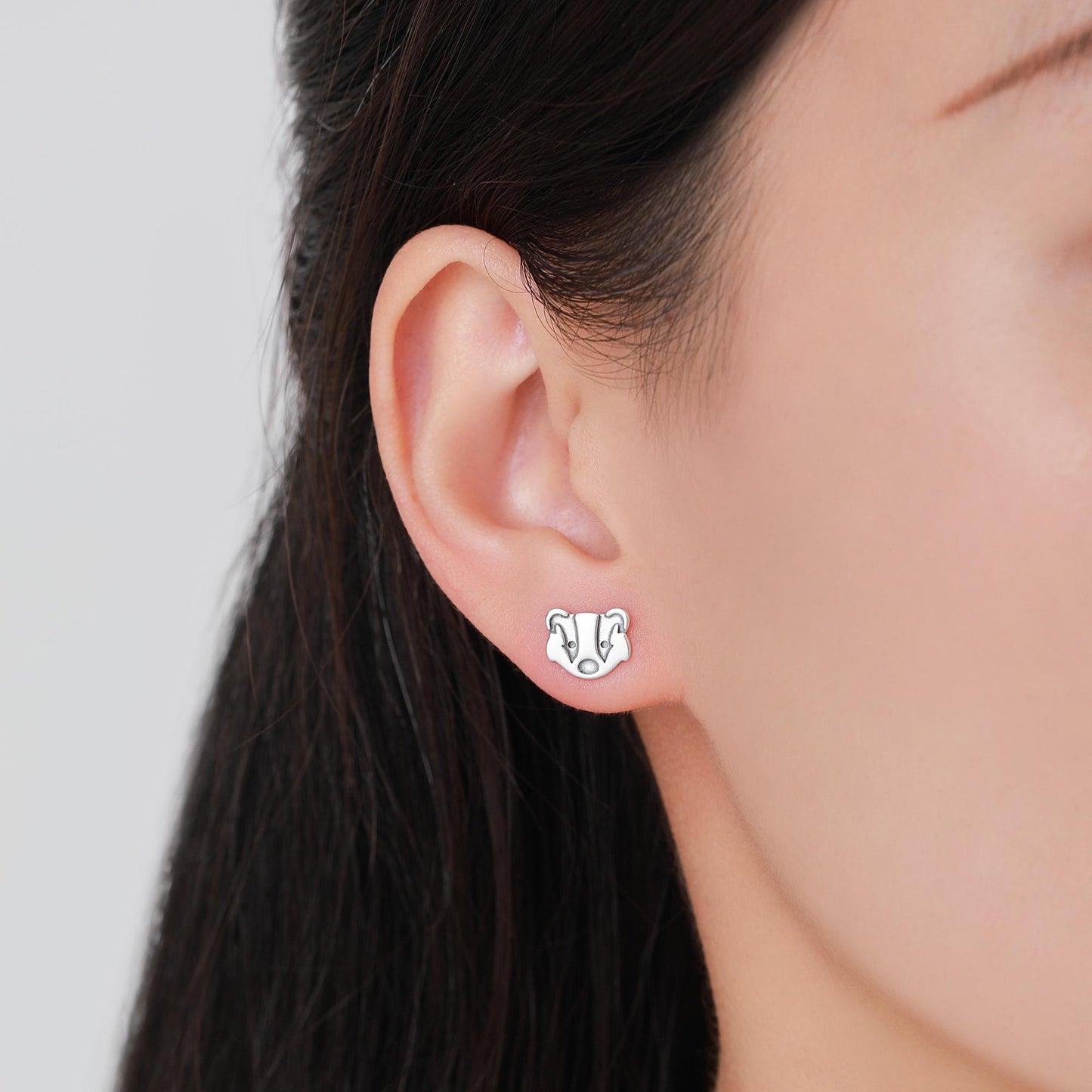 Badger Head Stud Earrings in Sterling Silver, Oxidised Sterling Silver Badger Earrings, Nature Inspired, Farm Earrings
