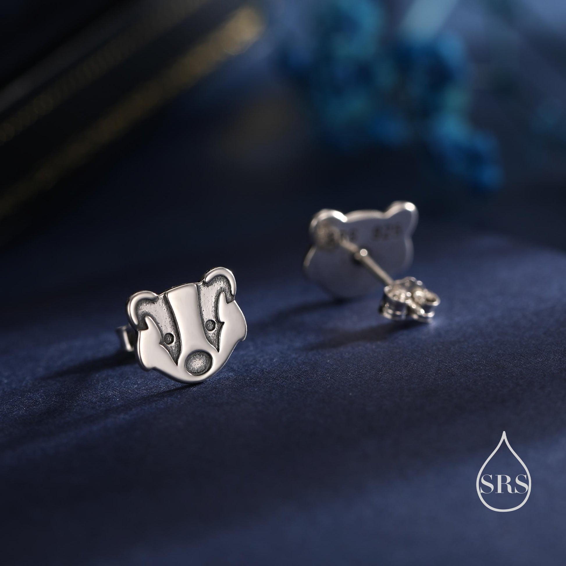 Badger Head Stud Earrings in Sterling Silver, Oxidised Sterling Silver Badger Earrings, Nature Inspired, Farm Earrings