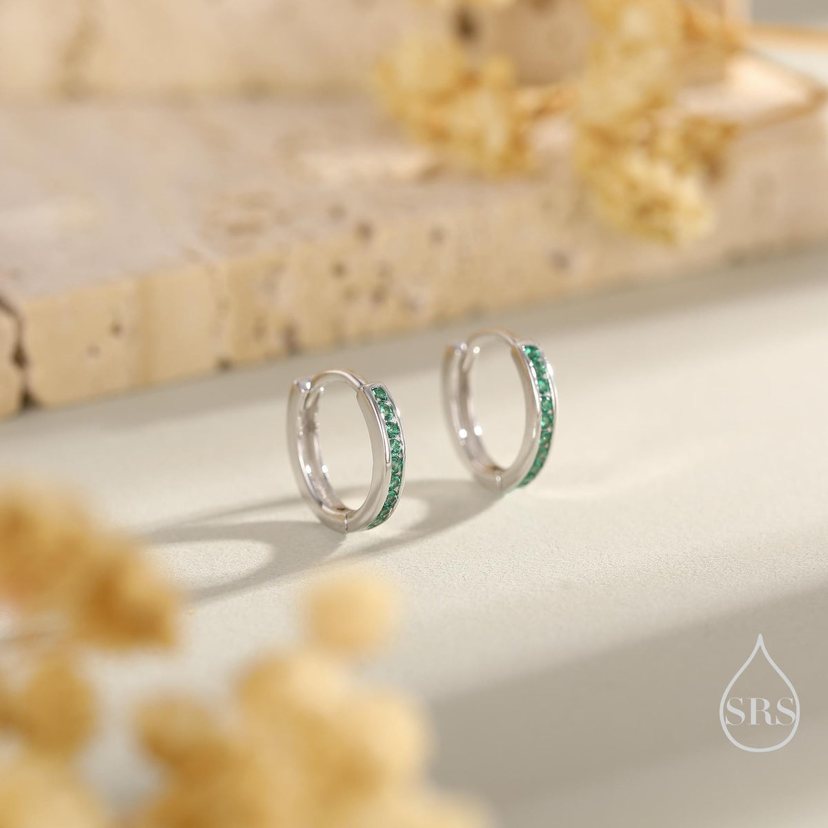 Extra Skinny Emerald Green CZ Huggie Hoop in Sterling Silver, Silver or Gold, 8mm Inner Diameter Hoop Earrings, May Birthstone