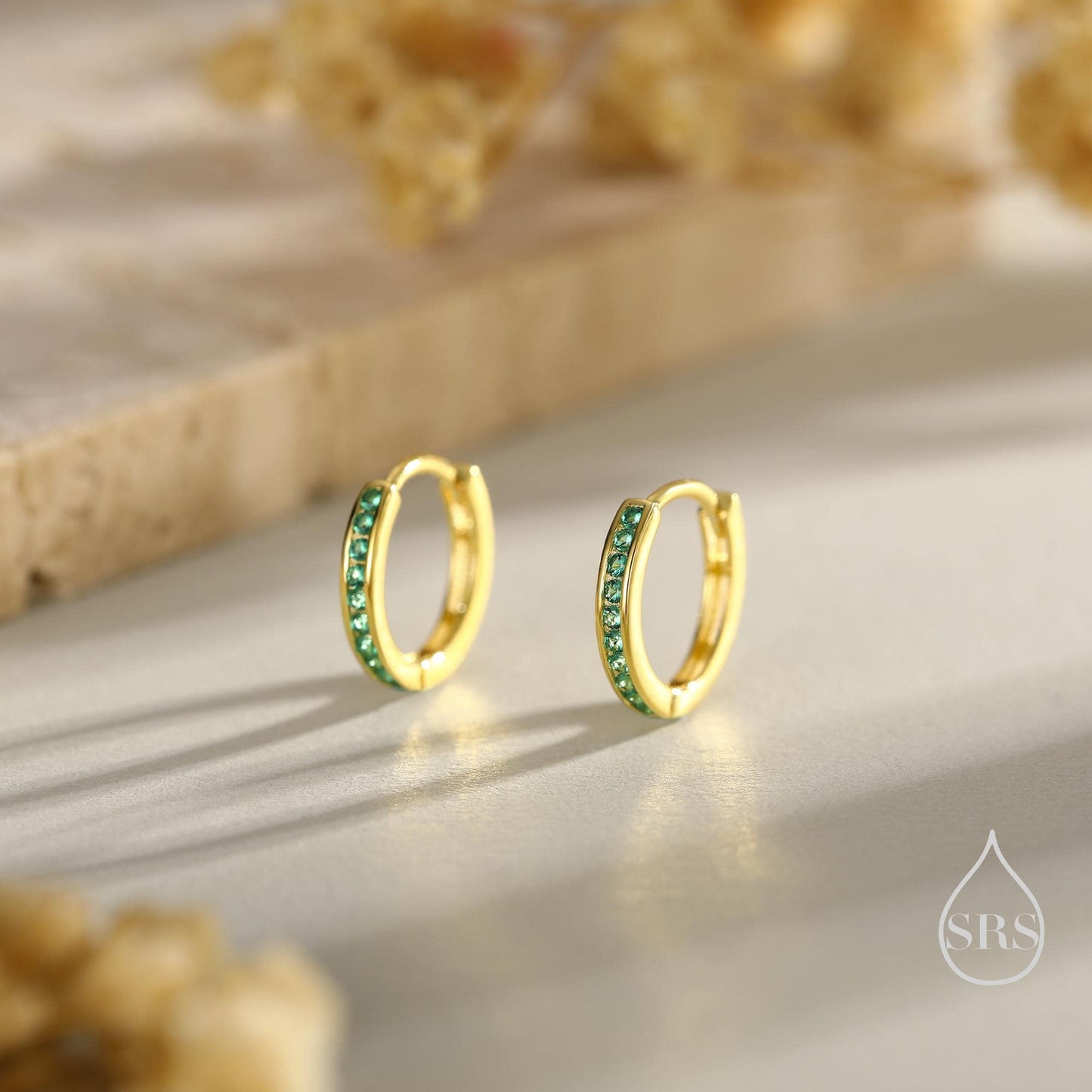 Extra Skinny Emerald Green CZ Huggie Hoop in Sterling Silver, Silver or Gold, 8mm Inner Diameter Hoop Earrings, May Birthstone