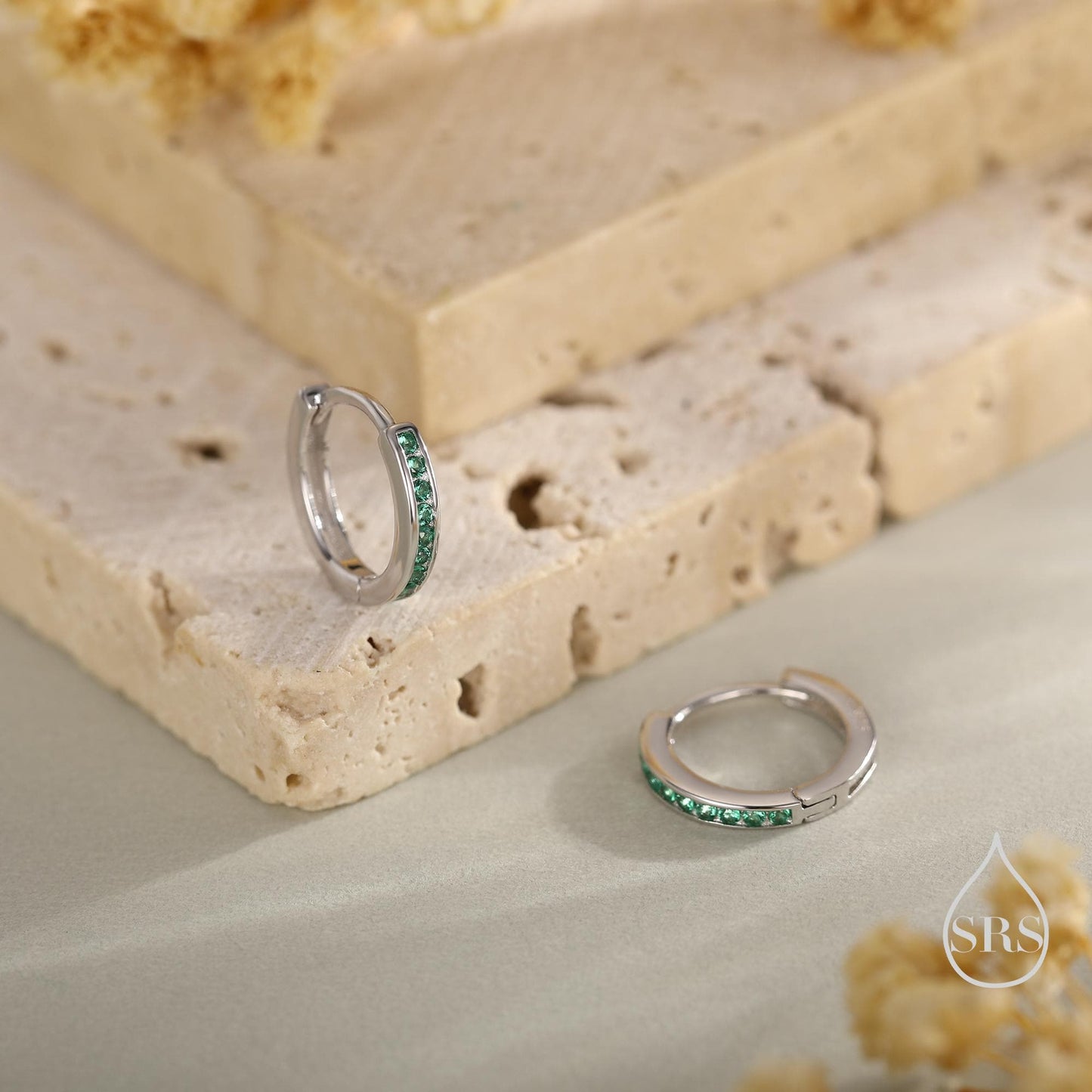 Extra Skinny Emerald Green CZ Huggie Hoop in Sterling Silver, Silver or Gold, 8mm Inner Diameter Hoop Earrings, May Birthstone