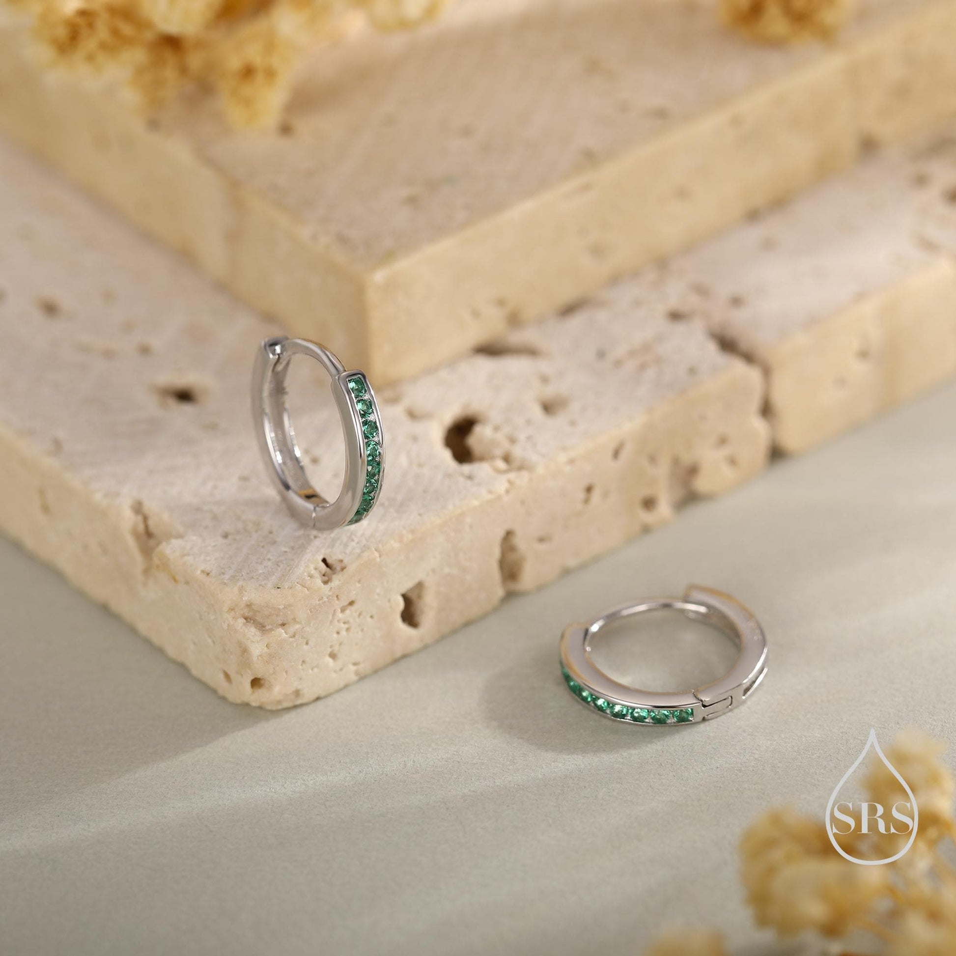 Extra Skinny Emerald Green CZ Huggie Hoop in Sterling Silver, Silver or Gold, 8mm Inner Diameter Hoop Earrings, May Birthstone