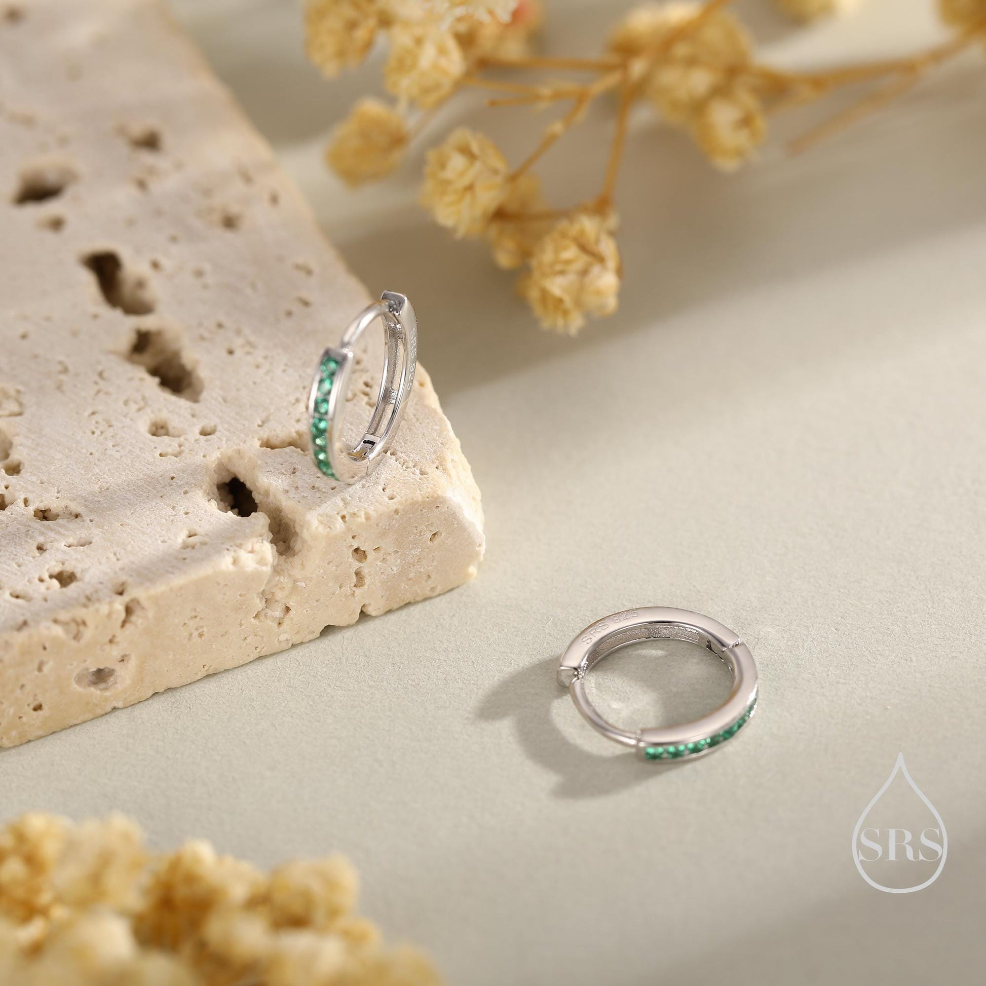 Extra Skinny Emerald Green CZ Huggie Hoop in Sterling Silver, Silver or Gold, 8mm Inner Diameter Hoop Earrings, May Birthstone