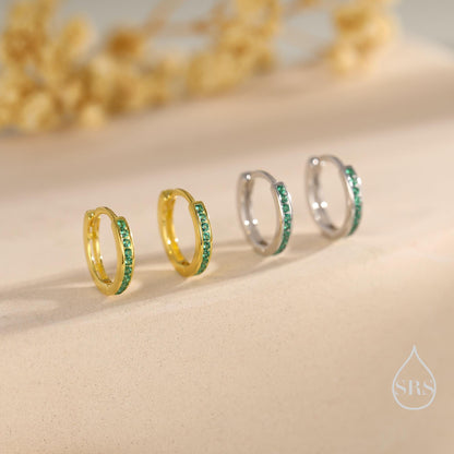 Extra Skinny Emerald Green CZ Huggie Hoop in Sterling Silver, Silver or Gold, 8mm Inner Diameter Hoop Earrings, May Birthstone