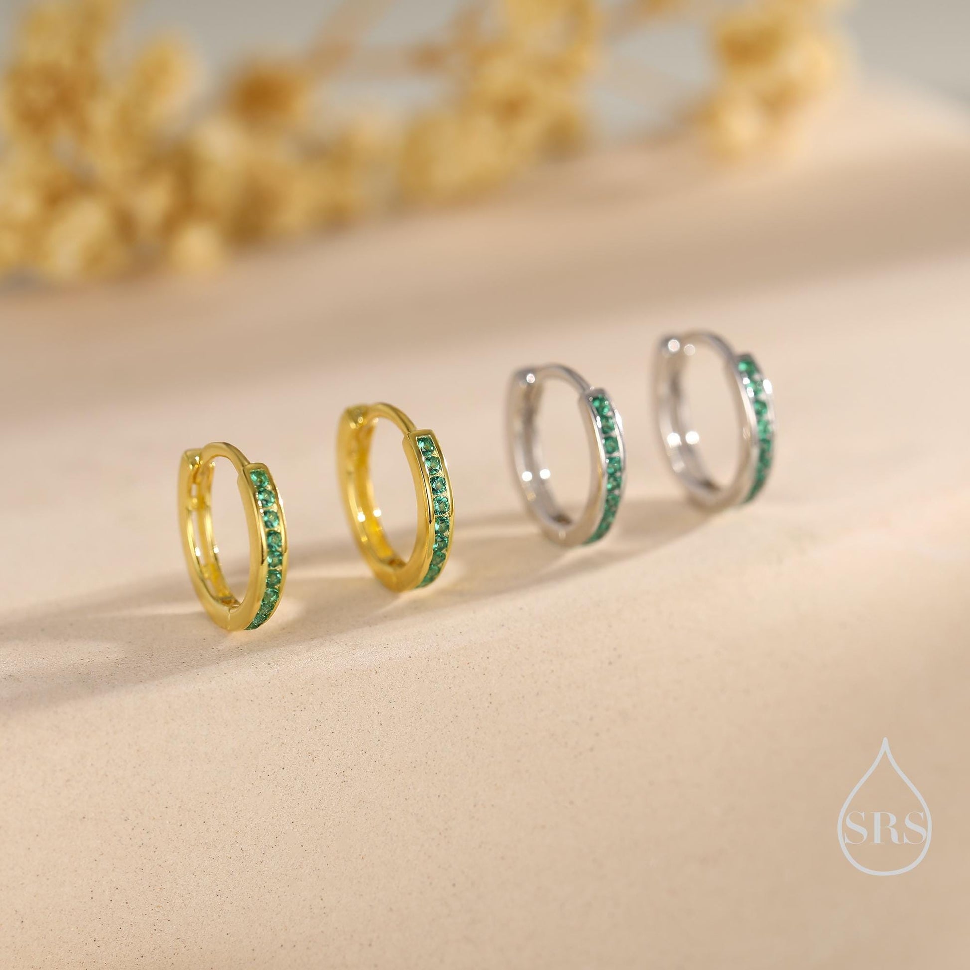 Extra Skinny Emerald Green CZ Huggie Hoop in Sterling Silver, Silver or Gold, 8mm Inner Diameter Hoop Earrings, May Birthstone