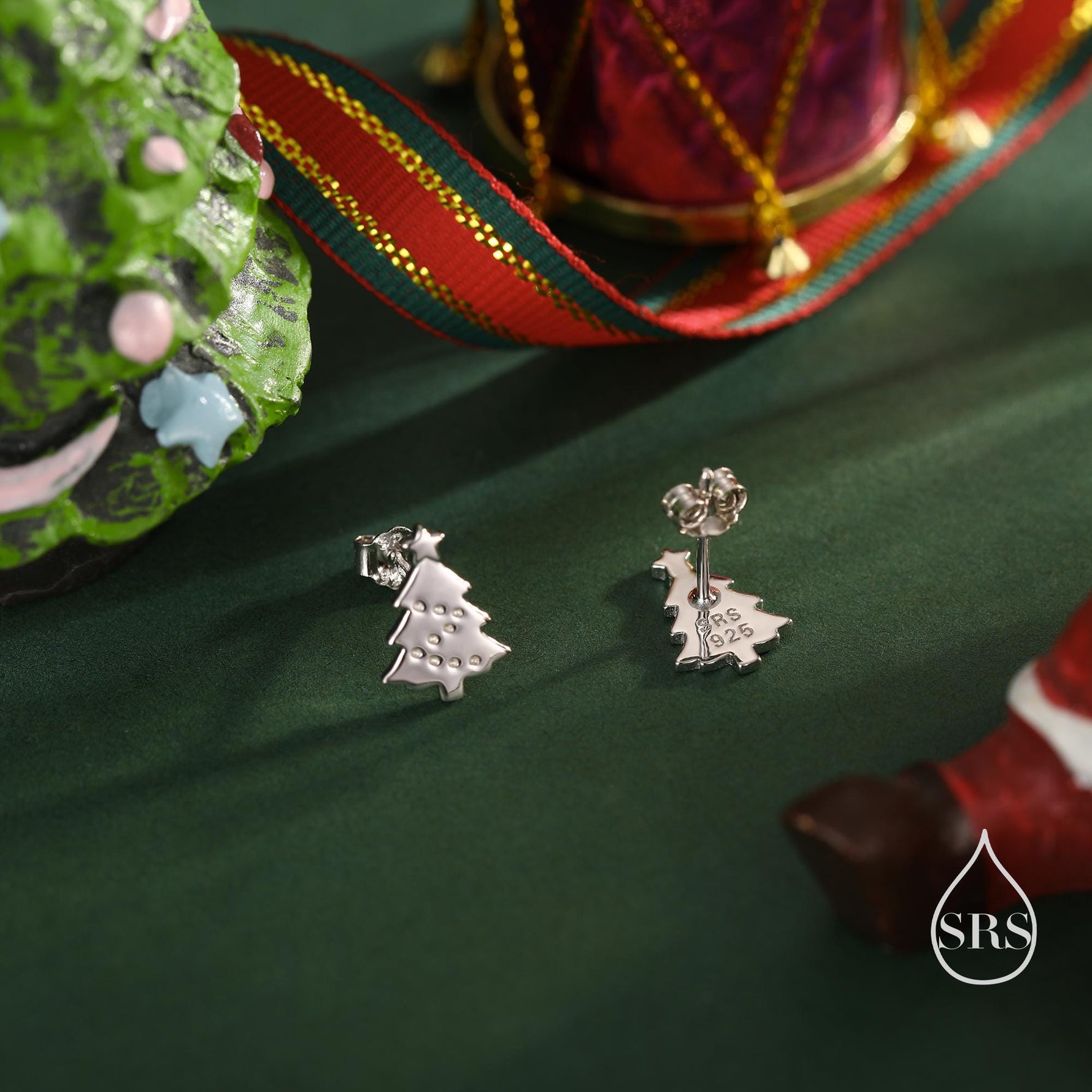 Tiny Christmas Tree Stud Earrings in Sterling Silver, Two Finishes Available, Tiny Xmas Tree Earrings, Christmas Earrings