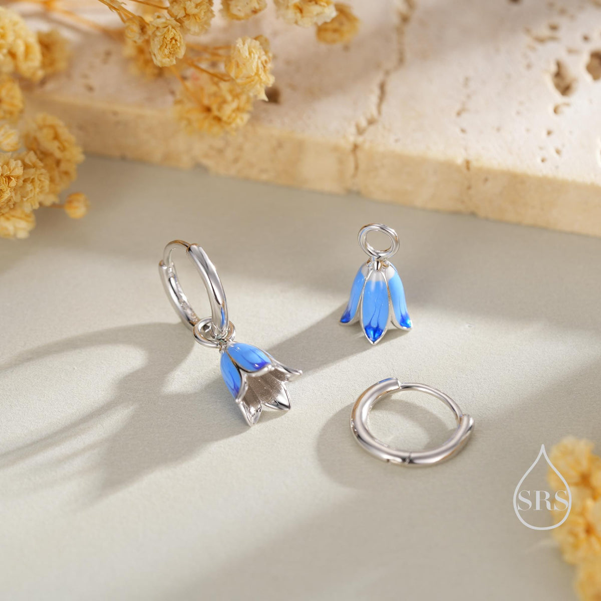 Sterling Silver Enamel Bluebell Flower Huggie Hoop Earrings, Dainty Dangle Bluebell Flower Hoop Earrings, Snowdrop Earrings, Spring Flowers