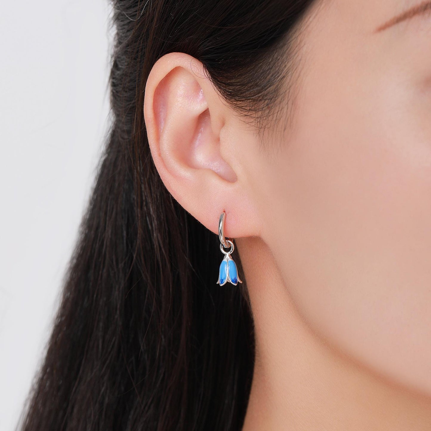 Sterling Silver Enamel Bluebell Flower Huggie Hoop Earrings, Dainty Dangle Bluebell Flower Hoop Earrings, Snowdrop Earrings, Spring Flowers