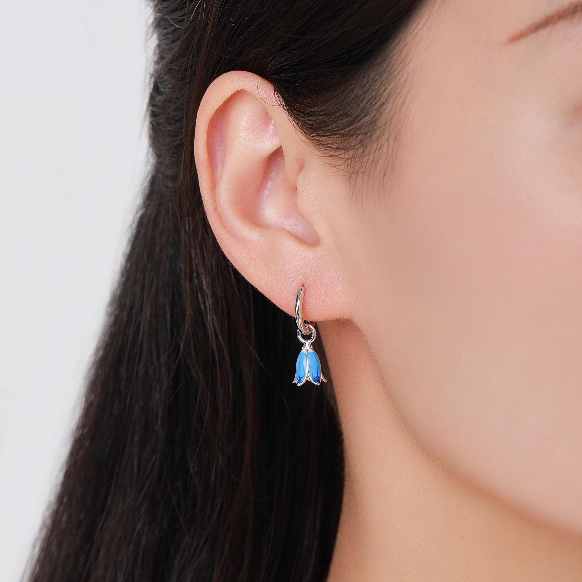 Sterling Silver Enamel Bluebell Flower Huggie Hoop Earrings, Dainty Dangle Bluebell Flower Hoop Earrings, Snowdrop Earrings, Spring Flowers