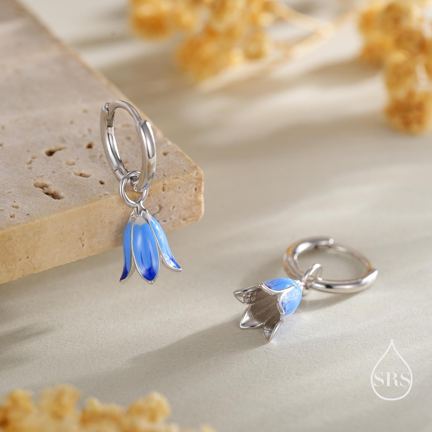 Sterling Silver Enamel Bluebell Flower Huggie Hoop Earrings, Dainty Dangle Bluebell Flower Hoop Earrings, Snowdrop Earrings, Spring Flowers