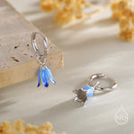 Sterling Silver Enamel Bluebell Flower Huggie Hoop Earrings, Dainty Dangle Bluebell Flower Hoop Earrings, Snowdrop Earrings, Spring Flowers