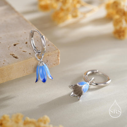 Sterling Silver Enamel Bluebell Flower Huggie Hoop Earrings, Dainty Dangle Bluebell Flower Hoop Earrings, Snowdrop Earrings, Spring Flowers