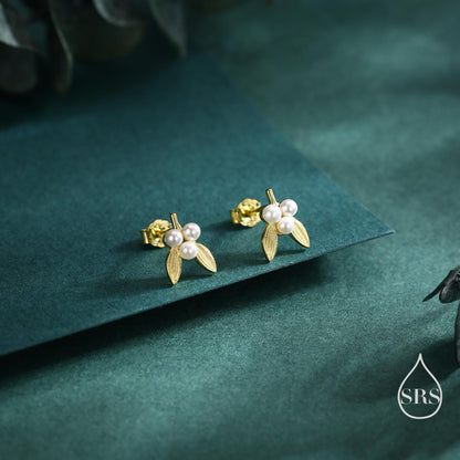 Tiny Mistletoe Stud Earrings in Sterling Silver, Silver or Gold or Rose Gold, Christmas Earrings