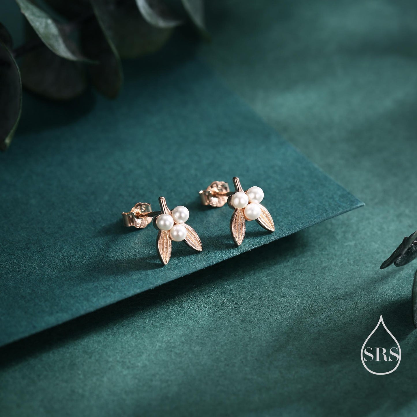 Tiny Mistletoe Stud Earrings in Sterling Silver, Silver or Gold or Rose Gold, Christmas Earrings