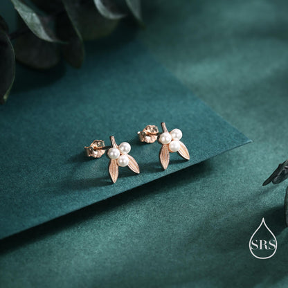 Tiny Mistletoe Stud Earrings in Sterling Silver, Silver or Gold or Rose Gold, Christmas Earrings