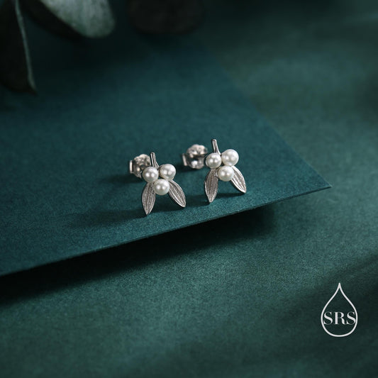 Tiny Mistletoe Stud Earrings in Sterling Silver, Silver or Gold or Rose Gold, Christmas Earrings